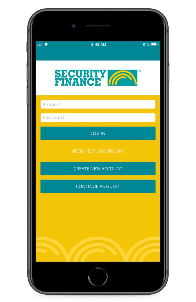Security Finance App Preview Log In Page