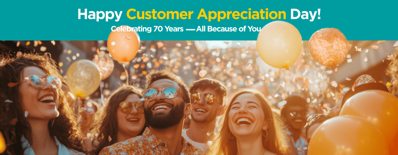 Happy Customers with balloons and confetti