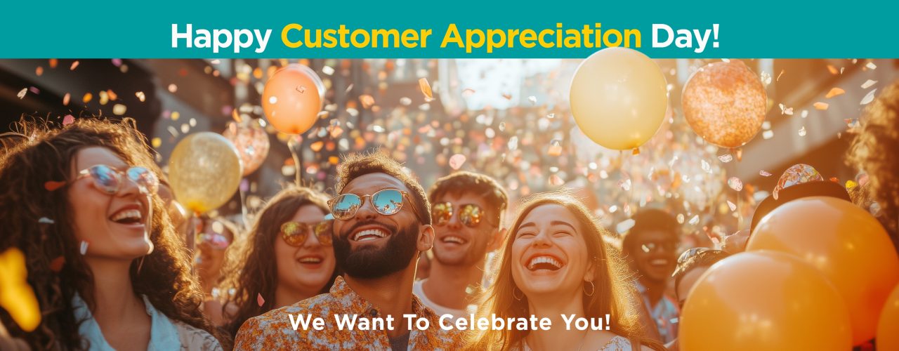 Happy Customers with balloons and confetti